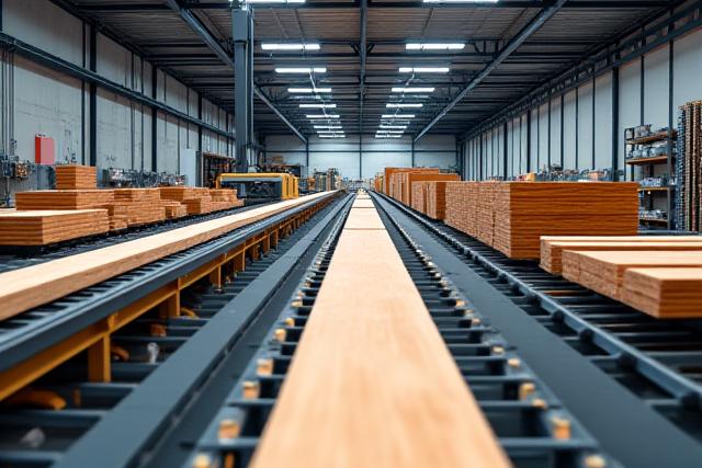 View of a long, automated timber processing line with various stations and timber moving on conveyor belts.