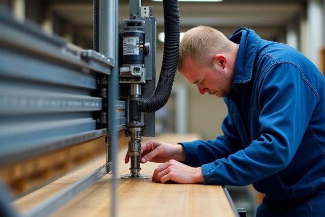 Technician performing maintenance on a large industrial woodworking machine, focusing on precision parts.
